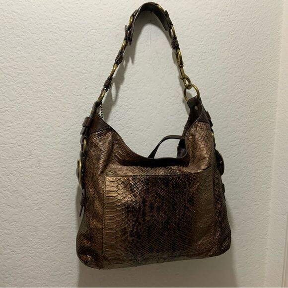 COACH LTD BLEECKER CHOCOLATE PRINTED PYTHON SLIM DUFFLE SHOULDER BAG PURSE RARE! - Picture 2 of 16